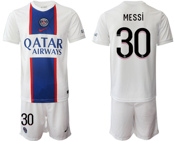 Men's Paris Saint-Germain #30 Lionel Messi 2023 White Away Soccer Jersey Suit